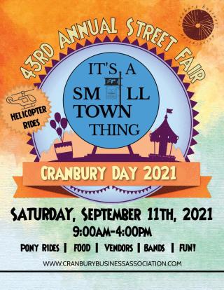 Poster with time and date for Cranbury Day - Sept 11 from 9 a.m. to 4 p.m.